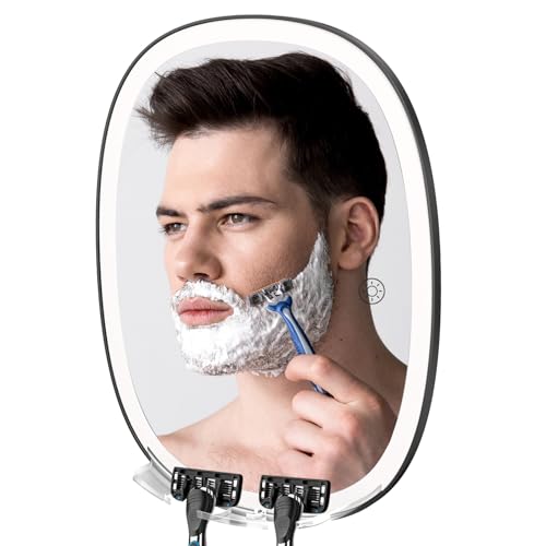 Image of COSMIRROR Shower Mirror Fogless for Shaving with Razor Holders, No-Drilling, 3-Color Dimmable Lights - Larger Anti-Fog Shower Mirror with Light Shatterproof & Waterproof for Men and Women