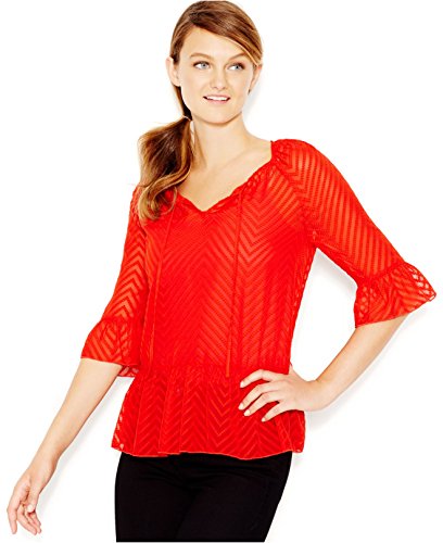 Kensie Chiffon Chevron-Pattern Peplum Top, Paprika, Large