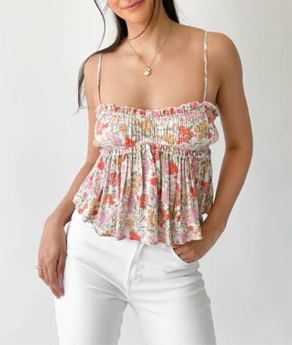 Image of Women Floral Camisoles Tops Sexy V Neck Backless Ruffle Hem Going Out Tops Cute Summer Y2k Teen Girls Camis