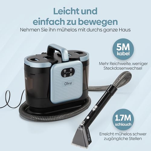 Olvy Teppichreiniger PRO – Nasssauger Polsterreiniger mit Dampf – 100°C Steam Cleaner – Sofa Reiniger Gerät – Polster Sauger Nass – inkl. Reinigungsmittel – 1650W – Matratzenreiniger