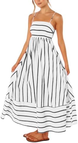 chouyatou Women's Striped Back Smocked Maxi Dress Sexy Spaghetti Strap Cut Out Flowy Swing Long Dress (Small, Black White)
