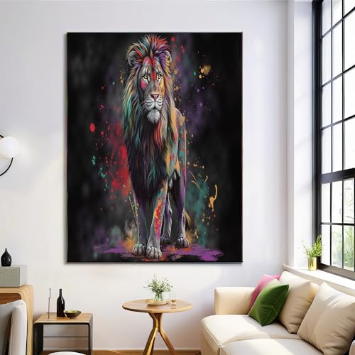 Décoration murale violet et rouge pour salle de bain : grande toile lion abstrait 80x120cm