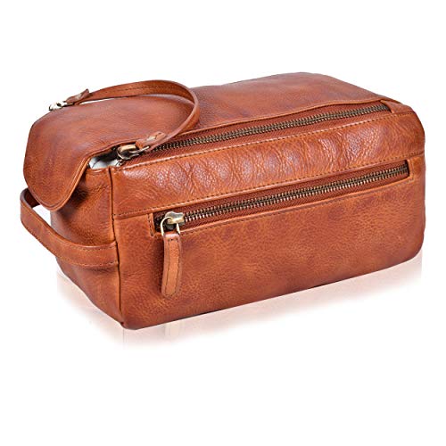 Estalon Leather Toiletry Bag for Men and Women - Hanging Water Resistant Travel Dopp Kit (Tan)