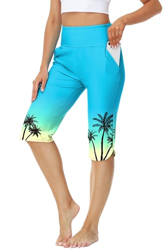 High Waisted Swimming Pant Women Quick Dry Swim Capri Elastic Waist Water Sports Legging Gradient L