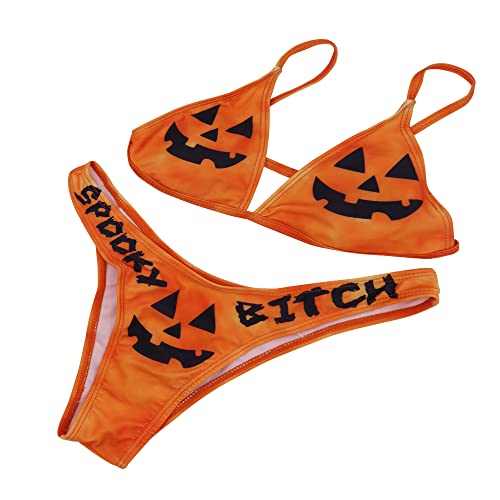 ANKOMINA Women Gothic Skull Letter Printed Two Piece Swimsuit High Cut Triangle Bikini Set for Rave Party Festival Halloween2