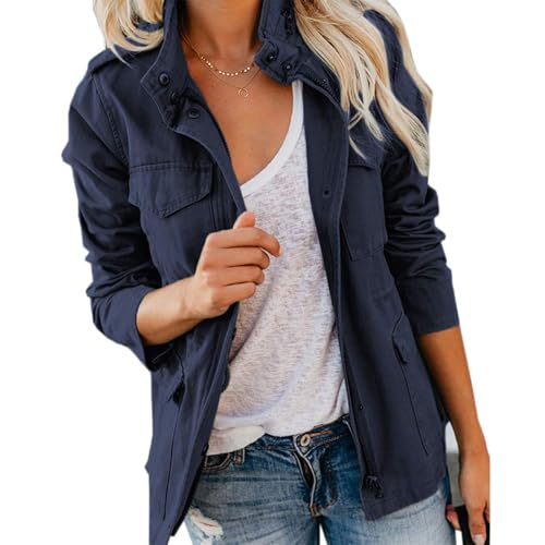 Image of Levdog Womens Military Jacket Zip Up Snap Buttons Lightweight Utility Field Safari Jackets with Pocket Fall Clothes, Navy Blue, L
