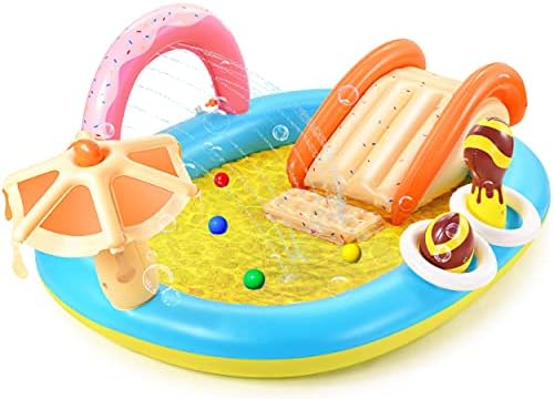 Inflatable Play Center, Kiddie Baby Pool, 98'' x 67'' x 32'', Kids Inflatable Pool with Slide for Garden, Backyard Water Park, Fountain Arch, Extra Thick, Easy Set up for Ages 2+ Toddlers
