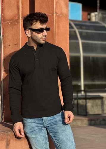Image of GRITSTONES Men Self Waffle Knit Henley T-Shirt (GSHN-2H-01-BLK S)
