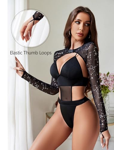 Image of Avidlove Rave Outfits for Women Festival Sexy Lingerie Bodysuit 2 Piece | Buckle shrug crop top halter bodysuit set, snap closure, breathable mesh, for concerts and club nights