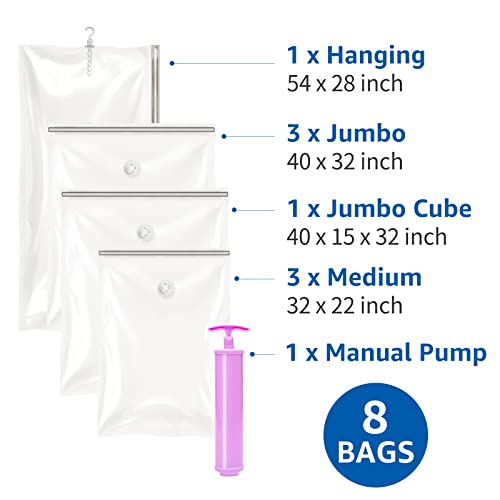 Clevhom Space Bags Vacuum Storage Bags 8 Pack, Vacuum Sealed Bags For Bedding And Clothes, Hanging And Jumbo Cube Vacuum Sealer Bags For Bedroom Closet Storage, Large And Small Travel Bags Vacuum #TOP2