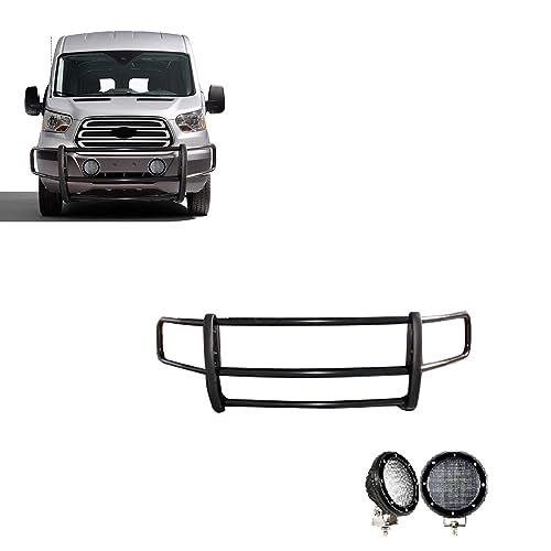 Black Horse SPARTAN Grille brush Bumper Guard Modular Black Come with Pair of 5.3"LED Light Compatible with 2020-2026 Ford Transit-350 HD 2WD/Transit-250 2WD/Transit-150 2WD Full Size-17FT20MA-PLFB