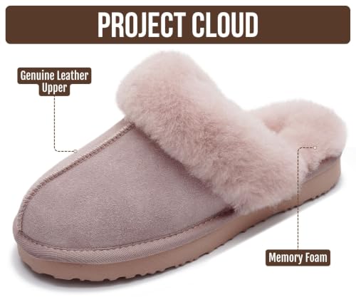 Image of Project Cloud Genuine Leather Slippers for Women with Genuine Fur Lining, Non-Slip Indoor /Outdoor Clog Mule Slippers, Memory Foam Insole