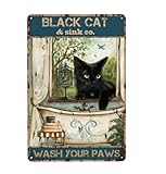 Funny Bathroom Metal Tin Sign Black Cat & Sink Company Wash Your Paws Vintage Decor Wall Decor For Bathroom Home Office Decor Gifts For Women Men Friends 8x12 Inch