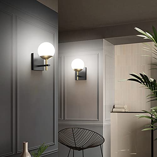 Image of Ralbay Black Gold Wall Sconce, Mid Century Modern Wall Lighting Fixtures Milky Glass Indoor Wall Lamp for Home Decor Bathroom Kitchen Living Room Vanity Hallway, Black and Gold 1 Light