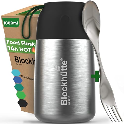 Blockhütte Food Flasks for Hot Food Adults 1L Stainless Steel | Hot Food Containers with Spork | Vacuum Insulated Thermal Lunch Box To Go for 14h Hot Meals, BPA Free - Black