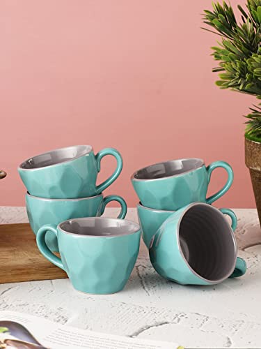 Image of miah decor Ceramic Coffee Mug Set of 6 | 220ml Tea Cups Set | Teal & Grey Ceramic Cups | Hand Textured Coffee Cups & Mugs | Modern Tea Mug Set | Microwave & Dishwasher Safe