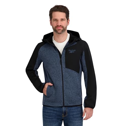 Reebok Mens Full Zip Hooded Sweater Fleece Jacket, Mineral Blue, M