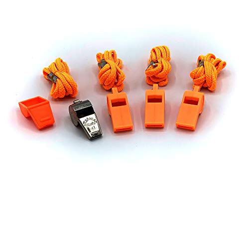 American Whistle Corporation Personal Safety Whistles with Lanyards- Emergency Whistles Family 4 Pack - 3 Durable Orange Whistles 1 Metal Brass Whistle with 4 Lanyards