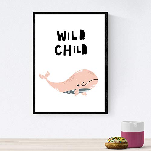 Nacnic Pack of four posters with pictures of whales. Leaves with children. Pictures of whales. Whales hug beautiful and bold words wild. A3 size without frame - Image 4