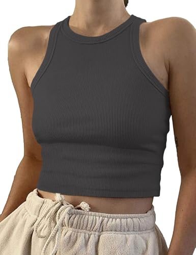 Image of Artfish Women Casual Basic Sleeveless High Neck Rib-Knit Y2k Crop Tank Top