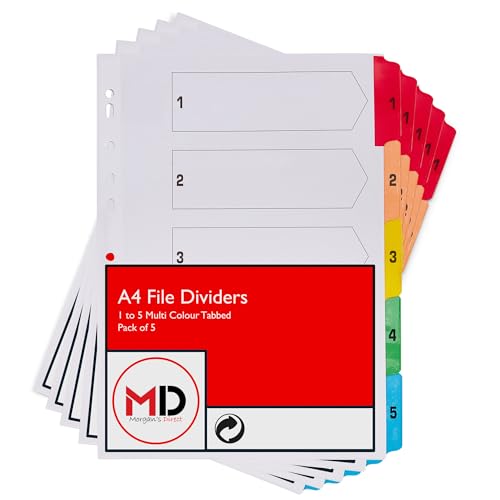 A4 1-5 File Dividers with Coloured Numbered Index Tabs - Multi Hole Punched and Reinforced Subject Divider - Pack of 5