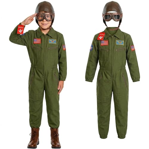 Morph Kids Flight Suit Pilot Costume with Aviator Helmet Goggles Scarf Set, Boys Air Force Fighter WW2 Costume Kids - large