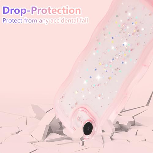 ZTOFERA iPhone 16e用透明ケース いphone16e クリアケース かわいい ウェーブ シェイプ おしゃれ キラキラ 星 スマホケース ソフトTPU バンパーケース 軽量 耐衝撃 人気 韓国 アイフォン16e カバー(ピンク)