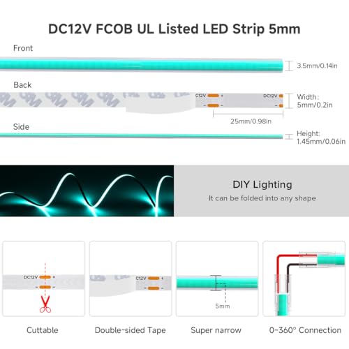 Image of BTF-LIGHTING FCOB COB LED Strip Ice Blue 5mm Width UL Listed Super Narrow Flexible Uniform Light DC12V 16.4FT CRI 90+ Dimmable LED Ribbon for Bedroom Home Indoor Decor(No Adapter or Controller)