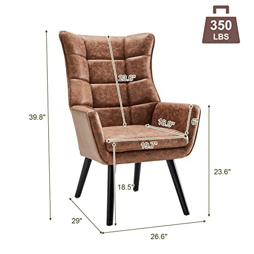 Accent Chair Wingback Chair Checkered Tufted Comfy Armchair With Wooden Legs, Leather Upholstered Sofa Club Chair Living Room Cahris For Bedroom/Guest Room/Sitting Room/Apartment, Brown #TOP1