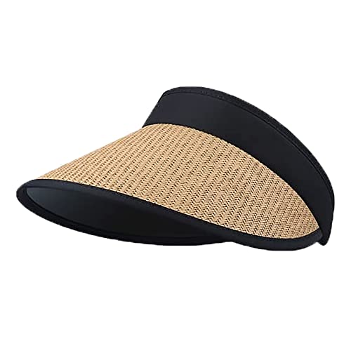 Women Straw-Visor Sun-Hat Summer-Beach-Hat Sun Protection Foldable-Packable M-L (Khaki-Hd)