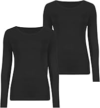 HUBIBUBI Womens Ladies T Shirts Pack of 2, Plain Round Neck Long Sleeve Tops, Stretchy Slim Fit Breathable Summer Shirts, Casual Basic Going Out Tops UK