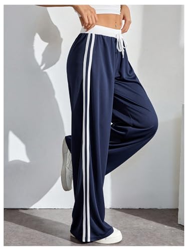 Floerns Women's Letter Striped Drawstring Baggy Pants Mid Rise Casual Wide Leg Trousers4