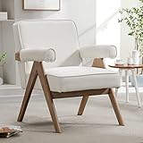 Bonzy Home Modern Accent Arm Chairs, Comfy Fabric Armchair with Solid Wooden Legs Upholstered Lounge Reading Side Chairs for Living Room Bedroom Office, White