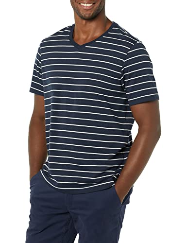 Amazon Essentials Camiseta de manga corta con cuello en V para hombre, ajuste regular, paquete de 2 (disponible en tallas para grandes y altos), color gris jaspeado/rayas azul marino, talla XXL