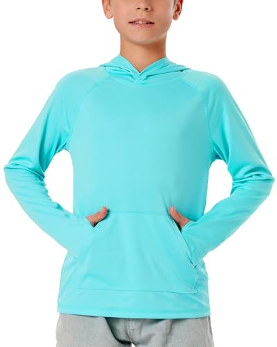 Image of Rash Guard for Boys Long Sleeve Hoodie Quick Dry Swim Shirt Youth UPF 50+ Sun Protection Fishing Shirts with Pocket Water Blue XL