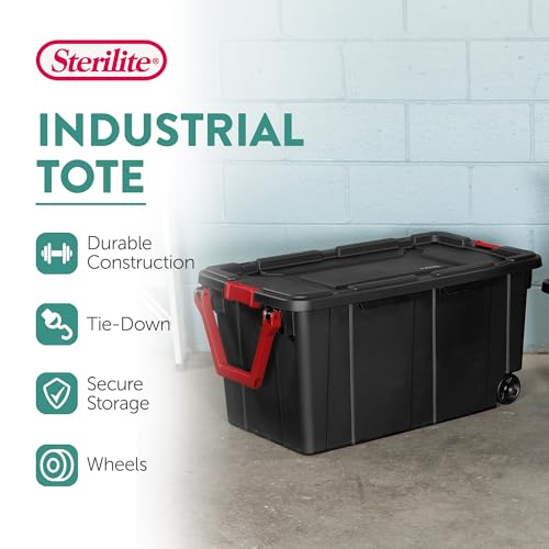 Image of Sterilite 8-Pack Industrial Tote, Heavy-Duty Storage Bins w /Lids and Wheels, 40 Gallon - Stackable Organizing Containers for Home, Garage, Office, and Basement