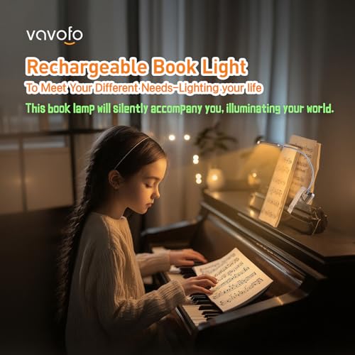 Image of VAVOFO Rechargeable Book Light for Reading in Bed Kids, 7 LED Reading Light with 9-Level Warm Cool White Daylight, Eye Care Lamp with Power Indicator for Bookworms (Champagne Gold)