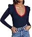 Ezbelle Women's V Neck Long Sleeve Shirts Ribbed Knit s Tops Ruffle Blouses Trendy Fall Top Sexy Tshirts 2026 Fashion Outfits Navy Blue S