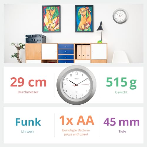 Mebus Radio Controlled Wall Clock, Classic Model, Silver Frame, White Dial, 29 cm Diameter, Round - Image 4