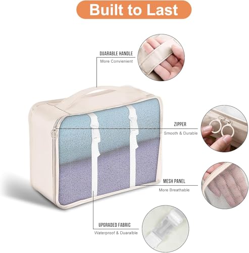 HLILai Packing Cubes for Travel - 7 Set Luggage Organizer Bags for Family, Mesh Breathable Travel Packing Cubes for Suitcases Durable Essentials Bags Set with Large Toiletries Bag(Beige) - Thumbnail 4