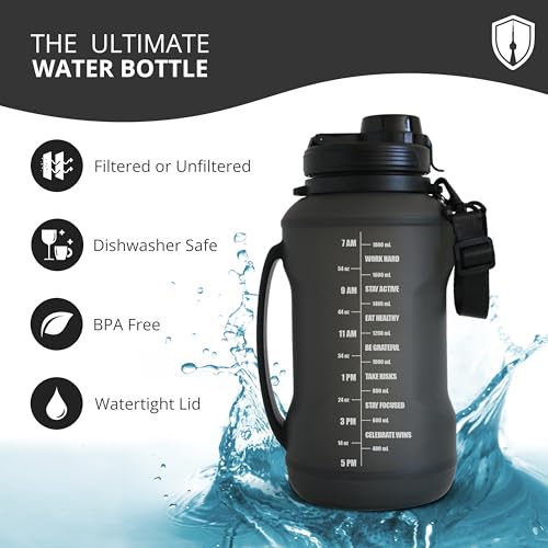 Collapsible Water Bottle for Traveling, Workout or Hiking 64oz Gen 2.0 - Motivational Water Bottle with Time Markings - Half Gallon / 2 L Capacity - BPA Free & Dishwasher Safe (Modern Black + Filter) - Image 3