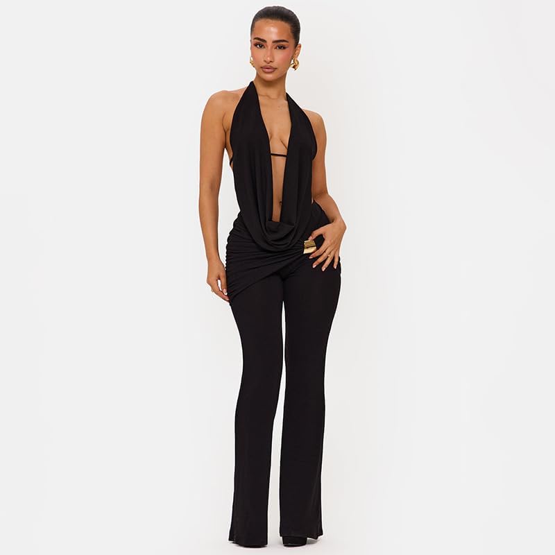 Womens 2 Piece Outfit Halter Neck Sleeveless Top and Flare Long Pant Sexy Backless Y2K Set Party Club Outfits - Image 3