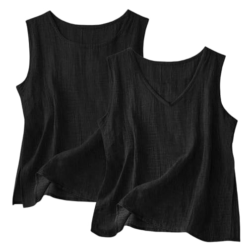 2 Pack Tank Tops for Women UK, Ladies Summer Cotton Linen Vest V-Neck and Crewneck Sleeveless T-Shirt 2 PCS, Lightweight Breathable Loungewear Solid Plain Casual Vests Cotton Linen Tank Tops Black