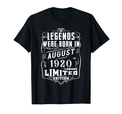 Cumpleaños Agosto 1920 Edición Limitada Regalo Legend Camiseta