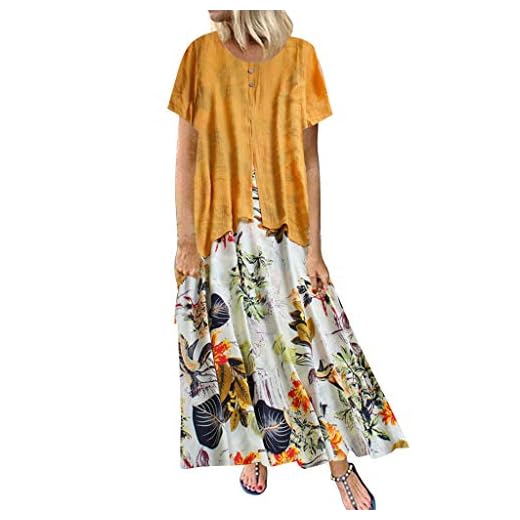 Lazzboy Frauen Weinlese Druck Patchwork Oansatz Kurzschluss Hülsen Plus Größen Maxi Kleid Kleider Damen Leinenkleid Sommerkleider Lang Strandkleid Kurzarm Lose Boho Vintage(Gelb,5XL)