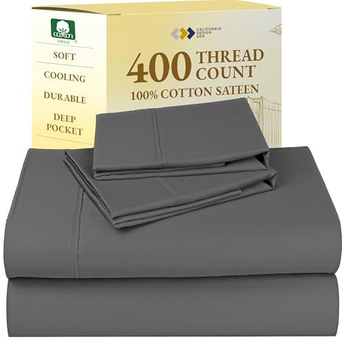California Design Den Soft Queen Sheet Set - Soft 400 Thread Count Sateen, Natural 100% Cotton Sheets for Queen Size Bed, Deep Pockets for a Snug Fit, Durable Bedding Set - Grey