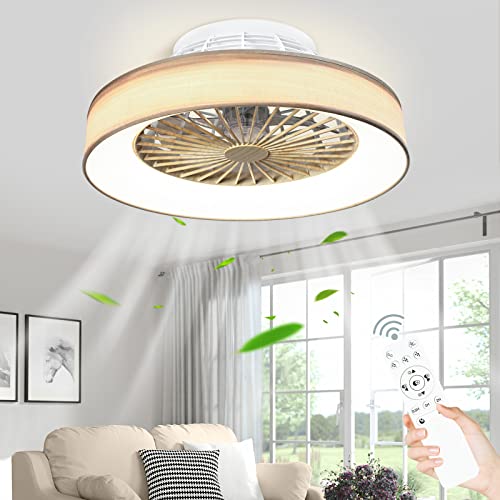 DIGLED Low Profile Ceiling Fan - 18.5" Bladeless Ceiling Fan with Light and Remote, 3 Colors Dimmable LED 3 Speeds 5 Blades Enclosed Ceiling Fans with Light for Living Room Bedroom, Wood