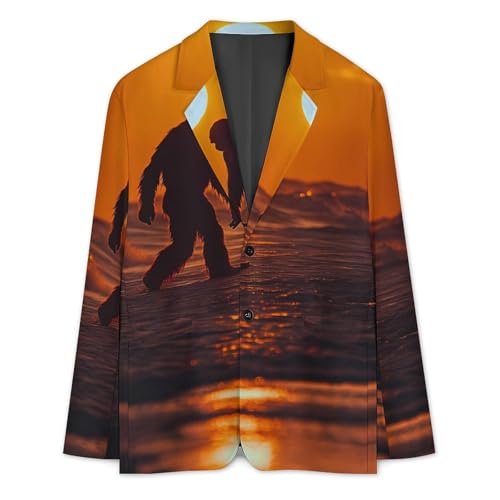 Bigfoot Beach Sunset Mens Suit Jacket Lapel Blazers V Neck Button Business Coat Tuxedo for Wedding Party3