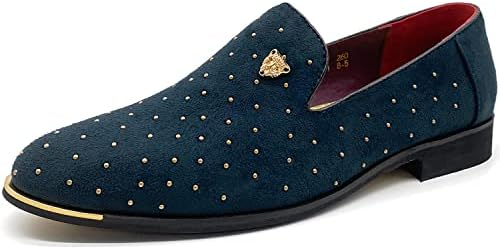 CMM Men's Navy Casual Suede Slip-on Loafers Modern Blue and Gold Loafers Dress Wedding Shoes Classic Wingtip Size 10.5