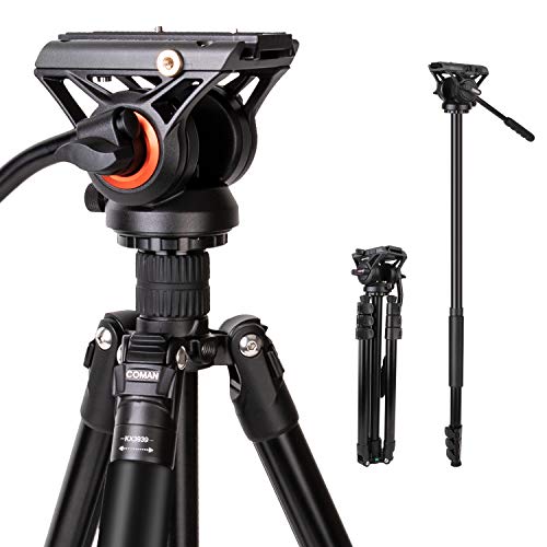 Tripod, COMAN Premium Camera Monopod Tripod for DSLR Camcorder, Professional Aluminum Travel Tripod with 360 Degree Fluid Head w/ 1/4